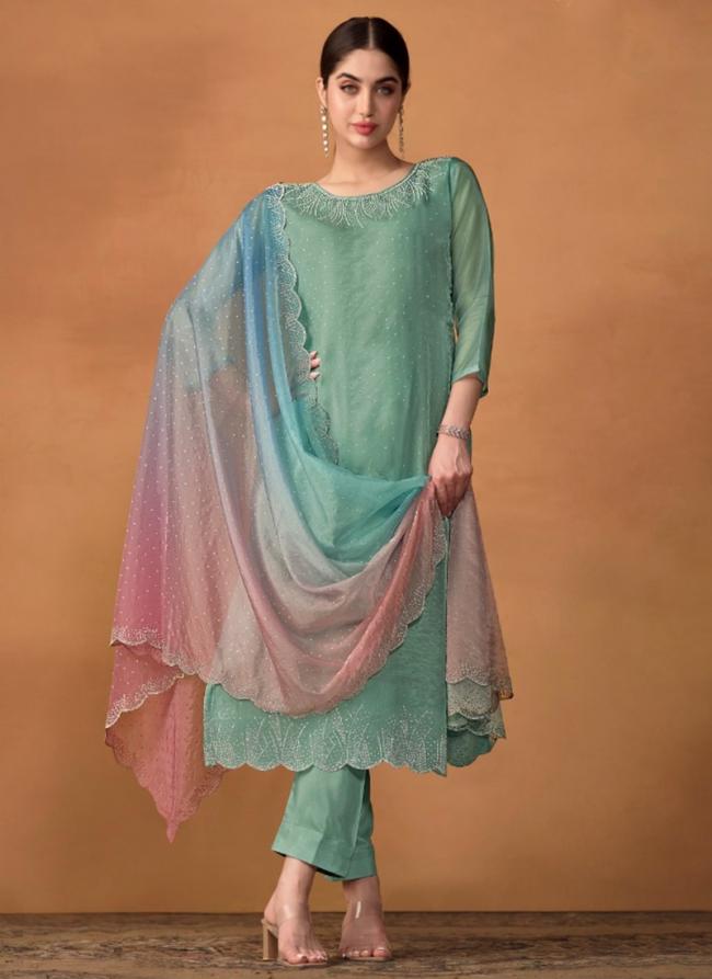 Organza Teal Casual Wear Crystal Work Straight Suit